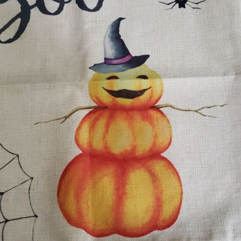 Halloween Boo Pillow Cover Jack O' Lantern Pumpkins Spiders Burlap Zip